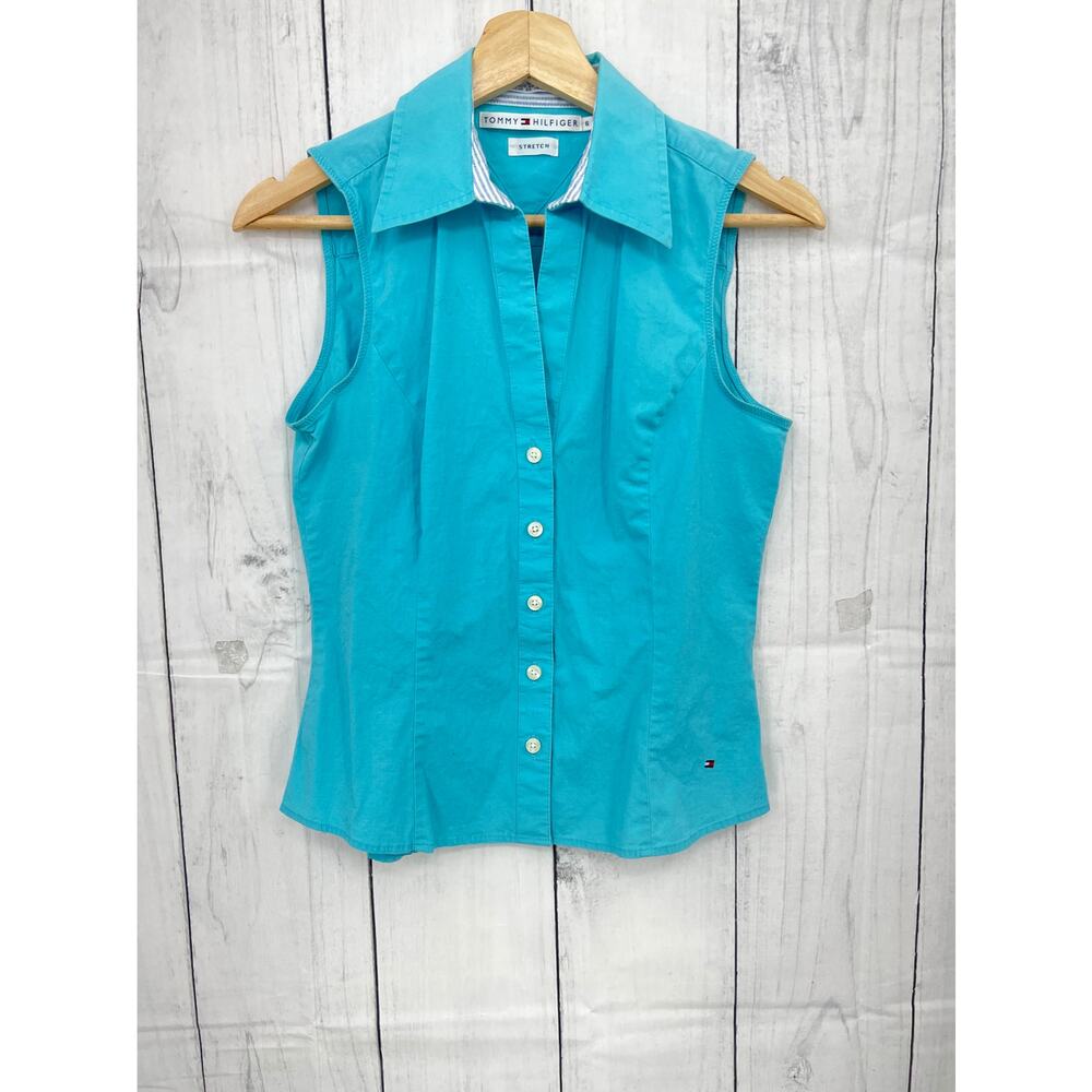 Vintage Y2K Tommy Hilfiger Blue Sleeveless Button Up Top Stretch Blouse Size 6